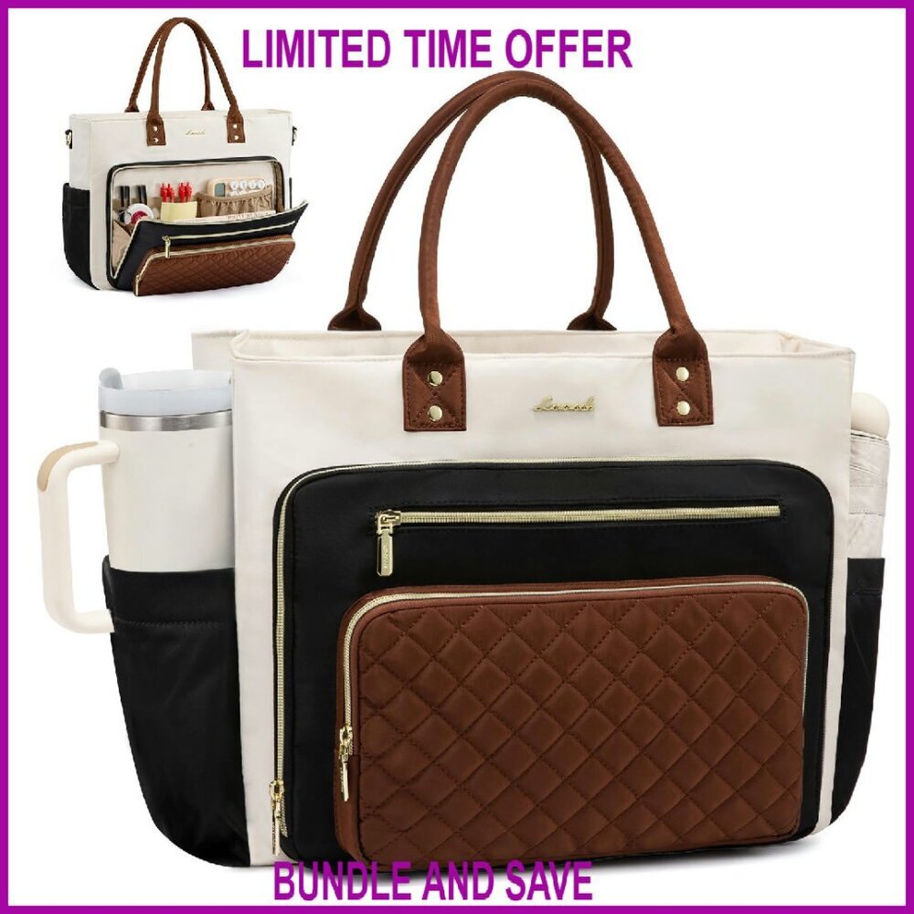 15.6 Inch Laptop Tote Bag with Large Cup Holder, 17 Pockets, Waterproof